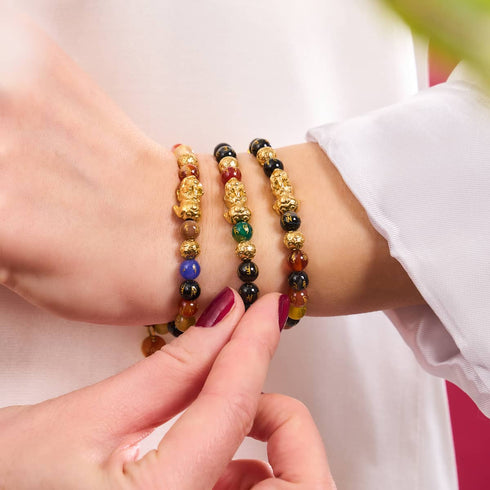 Mini Pixiu Feng Shui Armband | FÜNF Elemente | Chakra-Achat x 18 Karat Gold